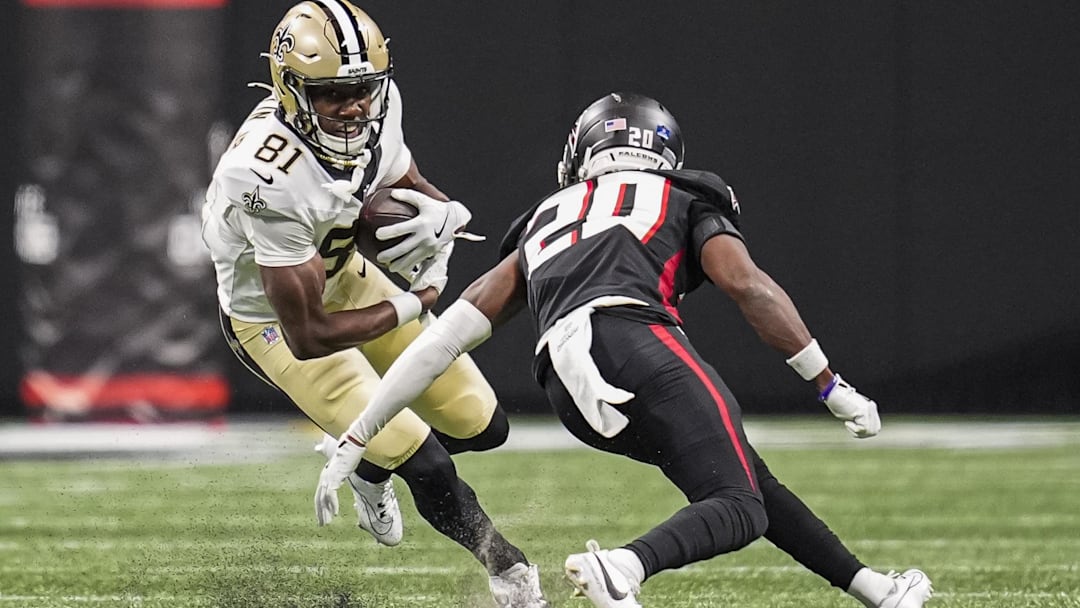 Jan 4, 2026; Atlanta, Georgia, USA; New Orleans Saints wide receiver Kevin Austin Jr. (81) runs against Atlanta Falcons cornerback Dee Alford (20) during the second half at Mercedes-Benz Stadium. Mandatory Credit: Dale Zanine-Imagn Images