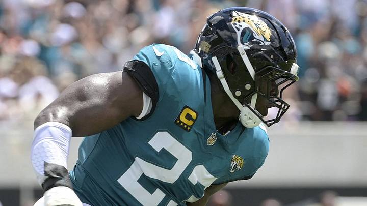 Sep 13, 2026; Jacksonville, Florida, USA;  Jacksonville Jaguars linebacker Foyesade Oluokun (23) with an interception in the first quarter against the Cleveland Browns at EverBank Stadium.  Mandatory Credit: Melina Myers-Imagn Images