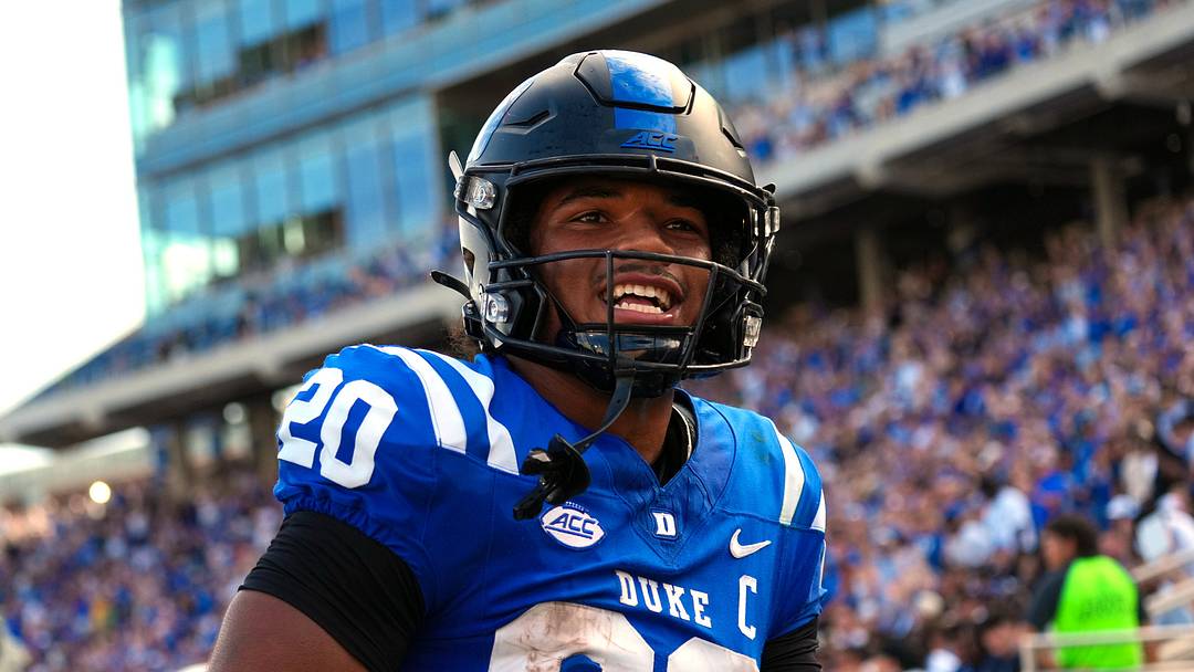 Sep 19, 2026; Durham, North Carolina, USA;  Duke Blue Devils running back Nate Sheppard (20) scores a touchdown on his run against the Stanford Cardinal during the first half at Wallace Wade Stadium.  Mandatory Credit: James Guillory-Imagn Images