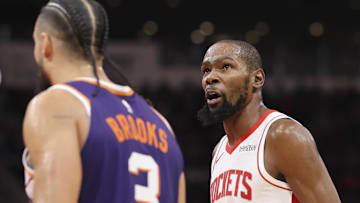 Dec 5, 2025; Houston, Texas, USA; Houston Rockets forward Kevin Durant (7) reacts after a play during the second quarter against the Phoenix Suns at Toyota Center. Mandatory Credit: Troy Taormina-Imagn Images