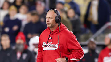Nov 21, 2024; Atlanta, Georgia, USA; North Carolina State Wolfpack head coach Dave Doeren on the field against the Georgia Tech Yellow Jackets in the second quarter at Bobby Dodd Stadium at Hyundai Field. Mandatory Credit: Brett Davis-Imagn Images