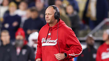 Nov 21, 2024; Atlanta, Georgia, USA; North Carolina State Wolfpack head coach Dave Doeren on the field against the Georgia Tech Yellow Jackets in the second quarter at Bobby Dodd Stadium at Hyundai Field. Mandatory Credit: Brett Davis-Imagn Images