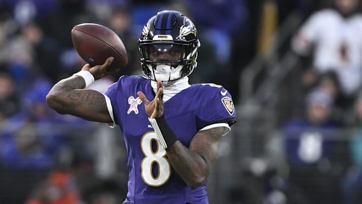 Dec 21, 2024; Baltimore, Maryland, USA;  Baltimore Ravens quarterback Lamar Jackson (8) throws during the first half against the Pittsburgh Steelers at M&T Bank Stadium. Mandatory Credit: Tommy Gilligan-Imagn Images