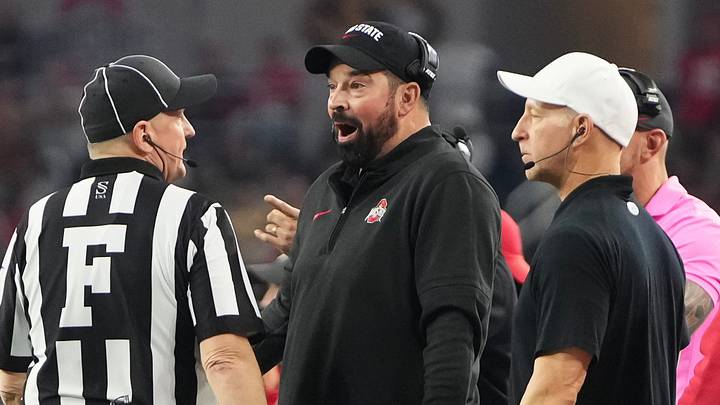 Dec 29, 2023; Arlington, Texas, USA; Ohio State Buckeyes head coach Ryan Day argues with an official during the first quarter of the Goodyear Cotton Bowl Classic against the Missouri Tigers at AT&T Stadium.