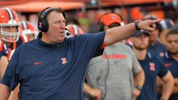 Sep 23, 2023; Champaign, Illinois, USA;  Illinois Fighting Illini head coach Bret Bielema during the second half against the Florida  Atlantic Owls at Memorial Stadium. Mandatory Credit: Ron Johnson-USA TODAY Sports