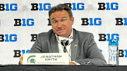 Michigan State coach Jonathan Smith speaks at Big Ten Football Media Days in July. 