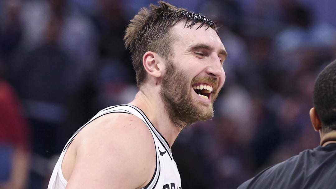 Dec 3, 2025; Orlando, Florida, USA; San Antonio Spurs center Luke Kornet (7) reacts after beating the Orlando Magic at Kia Center. Mandatory Credit: Nathan Ray Seebeck-Imagn Images