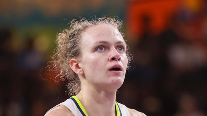 Dallas Wings guard Grace Berger shoots a free throw against the Atlanta Dream.