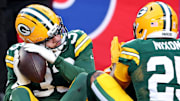 Green Bay Packers safety Evan Williams (33) celebrates after making the game-saving interception against the New York Giants.