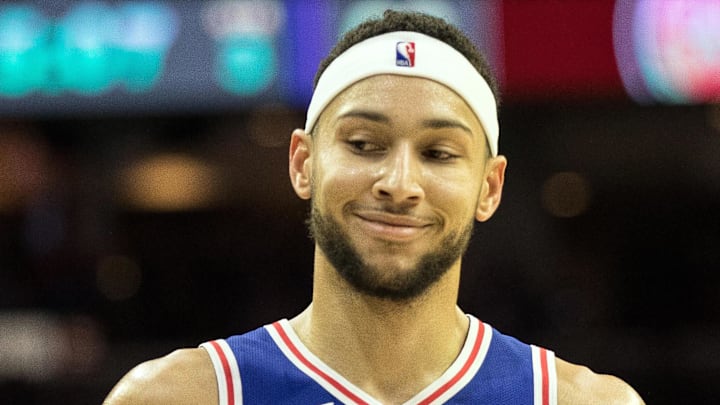 Dec 10, 2018; Philadelphia, PA, USA; Philadelphia 76ers guard Ben Simmons (25) smiles in reaction to an assist during the third quarter against the Detroit Pistons at Wells Fargo Center. Mandatory Credit: Bill Streicher-Imagn Images