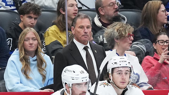 Jan 23, 2026; Toronto, Ontario, CAN; Vegas Golden Knights head coach Bruce Cassidy looks on during the game against theToronto Maple Leafs during the third period at Scotiabank Arena. Mandatory Credit: Nick Turchiaro-Imagn Images