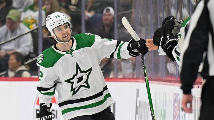 Apr 30, 2026; Saint Paul, Minnesota, USA; Dallas Stars forward Mavrik Bourque (22) celebrates his goal against the Minnesota Wild during the second period in game six of the first round of the 2026 Stanley Cup Playoffs at Grand Casino Arena. Mandatory Credit: Nick Wosika-Imagn Images