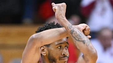 Dec 9, 2024; Bloomington, Indiana, USA; Indiana Hoosiers guard Kanaan Carlyle (9) celebrates after a play against the Minnesota Golden Gophers at Simon Skjodt Assembly Hall. Mandatory Credit: Robert Goddin-Imagn Images