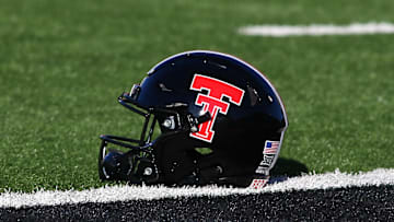 Oct 29, 2022; Lubbock, Texas, USA;  A general view of a Texas Tech Red Raiders helmet on the field before the game against the Baylor Bears at Jones AT&T Stadium and Cody Campbell Field. Mandatory Credit: Michael C. Johnson-Imagn Images