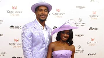 Chicago Bears football player Jonathan Owens and Olympian Simone Biles on the Kentucky Derby red carpet. May 03, 2025