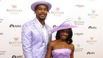 Chicago Bears football player Jonathan Owens and Olympian Simone Biles on the Kentucky Derby red carpet. May 03, 2025