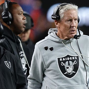 Nov 6, 2025; Denver, Colorado, USA; Las Vegas Raiders head coach Pete Carroll during the first half at Empower Field at Mile High. Mandatory Credit: Isaiah J. Downing-Imagn Images