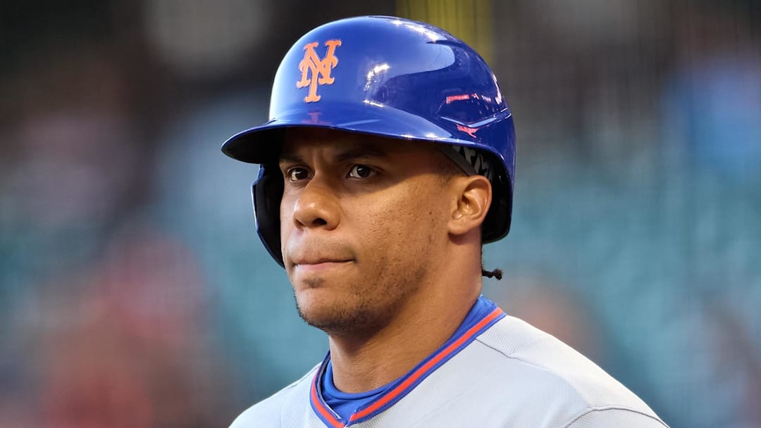 Apr 2, 2026; San Francisco, California, USA; New York Mets outfielder Juan Soto (22) walks to the batters box against the San Francisco Giants during the first inning at Oracle Park. Mandatory Credit: Robert Edwards-Imagn Images