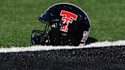 Texas Tech Red Raiders helmet on the field before the game against the Baylor Bears at Jones AT&T Stadium and Cody Campbell Field. Michael C. Johnson-Imagn Images