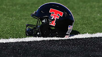 Texas Tech Red Raiders helmet on the field before the game against the Baylor Bears at Jones AT&T Stadium and Cody Campbell Field. Michael C. Johnson-Imagn Images