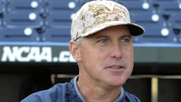 Jun 22, 2015; Omaha, NE, USA; Virginia Cavaliers head coach Brian O'Connor speaks to the media before the game against the Vanderbilt Commodores in game one of the College World Series Finals at TD Ameritrade Park. Mandatory Credit: Steven Branscombe-Imagn Images