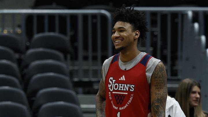 Mar 26, 2026; Washington, DC, USA; St. John's Red Storm forward Dillon Mitchell (1) stands on the court during a practice session ahead of the east regional of the men's 2026 NCAA Tournament at Capital One Arena