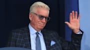 Mike Schmidt acknowledges the crowd during the introduction of returning inductees at the National Baseball Hall of Fame's 2024 induction ceremony Sunday, July 21, 2024, at the Clark Sports Center in Cooperstown, New York.