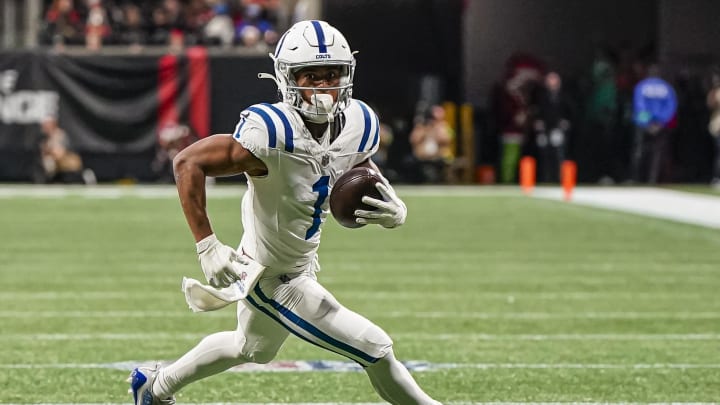 Dec 24, 2023; Atlanta, Georgia, USA; Indianapolis Colts wide receiver Josh Downs (1) runs after a catch against the Atlanta Falcons during the second half at Mercedes-Benz Stadium. Mandatory Credit: Dale Zanine-USA TODAY Sports