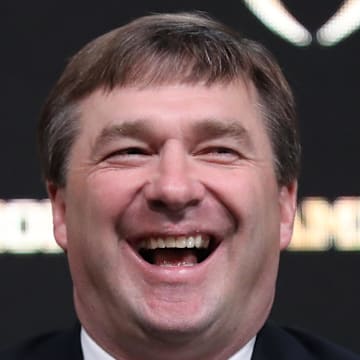 Jan 7, 2018; Atlanta, GA, USA; Georgia Bulldogs head coach Kirby Smart laughs during a press conference at the Sheraton Atlanta. Mandatory Credit: Matthew Emmons-Imagn Images