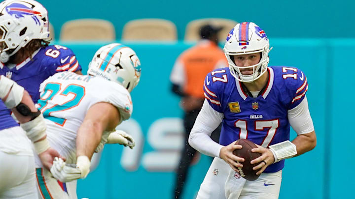 Nov 9, 2025; Miami Gardens, Florida, USA; Buffalo Bills quarterback Josh Allen (17) rushes against the Miami Dolphins during the second quarter at Hard Rock Stadium. Mandatory Credit: Jeff Romance-Imagn Images