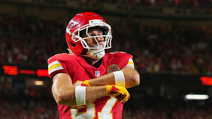Sep 20, 2026; Kansas City, Missouri, USA;  Kansas City Chiefs tight end Travis Kelce (87) celebrates after scoring a touchdown against the Indianapolis Colts during the first quarter at GEHA Field at Arrowhead Stadium.  Mandatory Credit: Jay Biggerstaff-Imagn Images     TPX IMAGES OF THE DAY