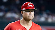Aug 24, 2025; Phoenix, Arizona, USA; Cincinnati Reds third base coach J.R. House against the Arizona Diamondbacks at Chase Field. Mandatory Credit: Mark J. Rebilas-Imagn Images