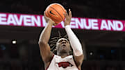 Feb 12, 2025; Fayetteville, Arkansas, USA;  Arkansas Razorbacks forward Adou Thiero (3) goes up for a shot during the second half against the LSU Tigers at Bud Walton Arena. Arkansas won 70-58. Mandatory Credit: Brett Rojo-Imagn Images