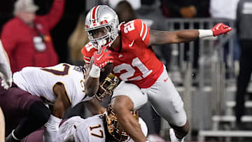 Nov 18, 2023; Columbus, Ohio, USA; Ohio State Buckeyes running back Evan Pryor (21) runs during the