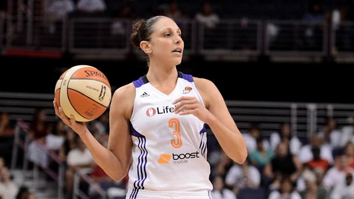 Sep 29, 2013; Phoenix, AZ, USA; Phoenix Mercury guard Diana Taurasi (3) handles the ball against the Minnesota Lynx at US Airways Center. The Lynx defeated the Mercury 72-65. Mandatory Credit: Jennifer Stewart-Imagn Images