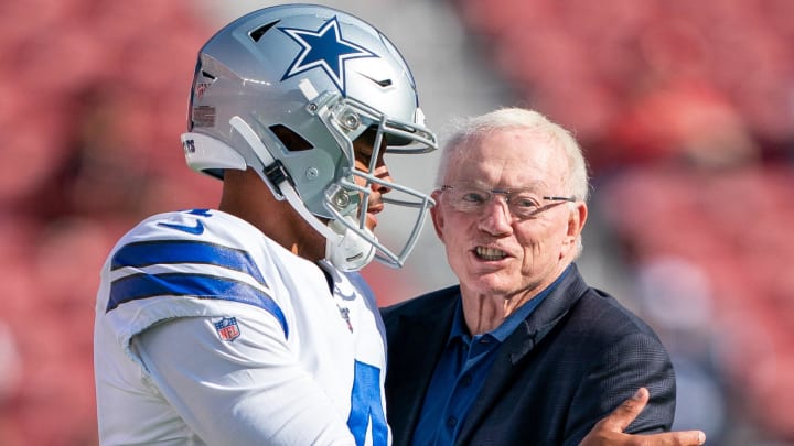 Santa Clara, CA, USA; Dallas Cowboys quarterback Dak Prescott (4) and owner Jerry Jones (right) before the game against the San Francisco 49ers at Levi's Stadium. 