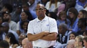 Nov 25, 2025; Fort Myers, Florida, USA; North Carolina Tar Heels head coach Hubert Davis looks on during a game against the St. Bonaventure Bonnies at Suncoast Credit Union Arena. Mandatory Credit: Nathan Ray Seebeck-Imagn Images