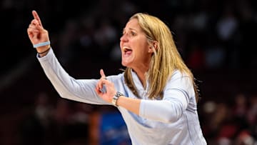 Mar 22, 2024; Columbia, SC, USA; North Carolina Tar Heels head coach Courtney Banghart directs her team against the Michigan State Spartans in the second half at Colonial Life Arena. Mandatory Credit: Jeff Blake-Imagn Images