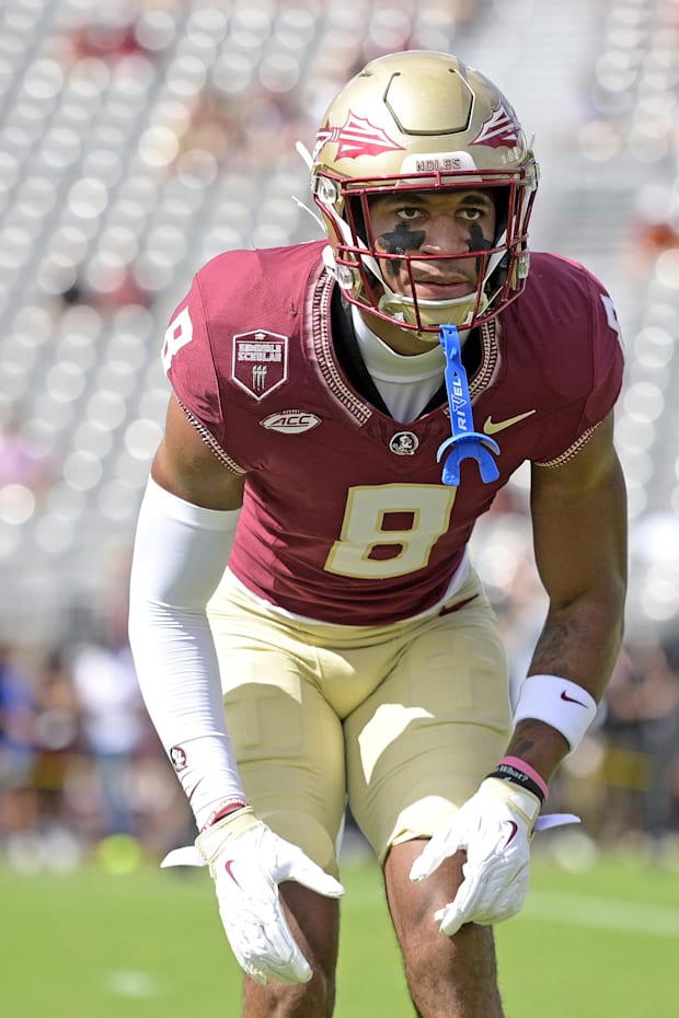 Florida State Seminoles defensive back Azareye'h Thomas warms up before a game against the Memphis Tigers.