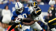 Indianapolis Colts tight end Jelani Woods (80) makes a catch against the Pittsburgh Steelers.