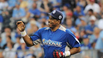 July 8, 2012; Kansas City, MO, USA; San Diego Padres former player Dave Winfield reacts during the 2012 Legends and Celebrity softball game at Kauffman Stadium.  Mandatory Credit: Denny Medley-Imagn Images