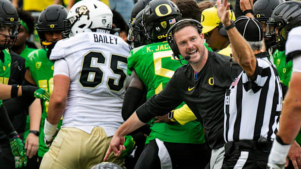 Oregon head coach Dan Lanning reacts to a call as the Oregon Ducks host Colorado in the Pac-12 opener Saturday, Sept. 23, 202