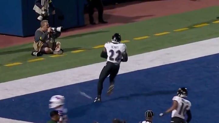 Derrick Henry was nearly hit by something after scoring a touchdown. Derrick Henry was nearly hit by something after scoring a touchdown.