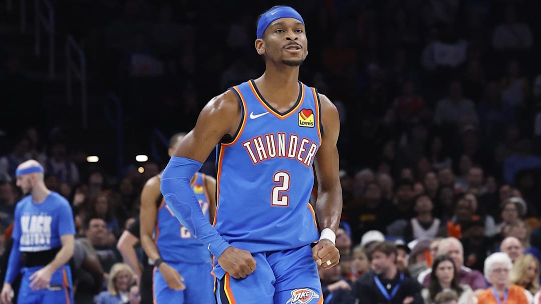 Feb 10, 2025; Oklahoma City, Oklahoma, USA; Oklahoma City Thunder guard Shai Gilgeous-Alexander (2) reacts after a play against the New Orleans Pelicans during the second half at Paycom Center. Mandatory Credit: Alonzo Adams-Imagn Images
