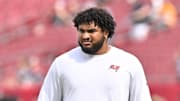 Tampa Bay Buccaneers tackle Tristan Wirfs  (78) before the start of the game against the New England Patriots