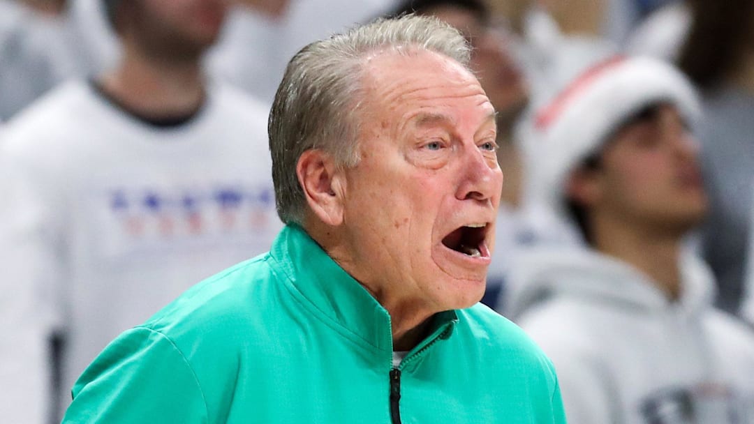 Dec 13, 2025; University Park, Pennsylvania, USA; Michigan State Spartans head coach Tom Izzo reacts from the bench during the first half against the Penn State Nittany Lions at Bryce Jordan Center. Mandatory Credit: Matthew O'Haren-Imagn Images