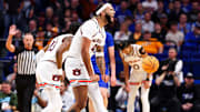 Johni Broome celebrates during the NCAA Tournament Second Round game between the Auburn Tigers and the Creighton Bluejays