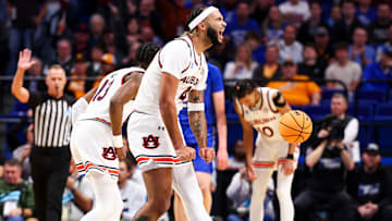 Johni Broome celebrates during the NCAA Tournament Second Round game between the Auburn Tigers and the Creighton Bluejays