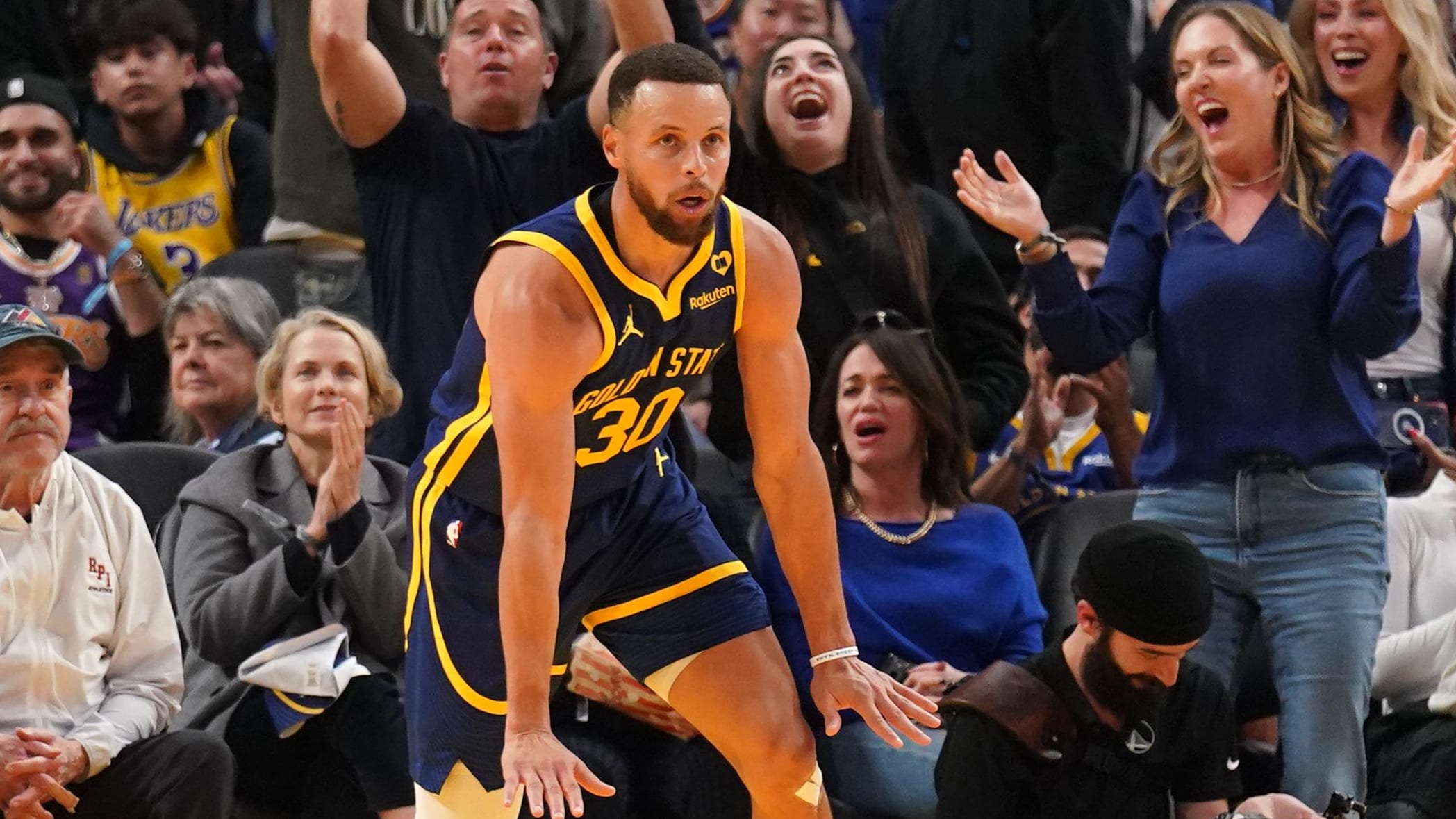 Feb 22, 2024; San Francisco, California, USA; Golden State Warriors guard Stephen Curry (30) reacts