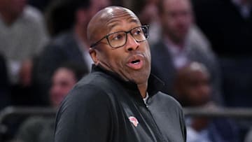 Oct 9, 2025; New York, New York, USA; New York Knicks head coach Mike Brown reacts during the first half against the Minnesota Timberwolves at Madison Square Garden. Mandatory Credit: John Jones-Imagn Images